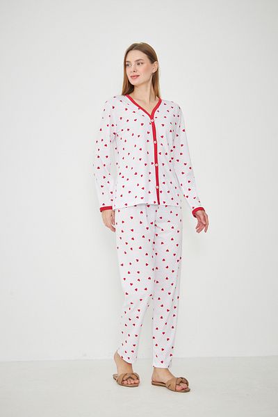 CrazyShopping Set de pijamale cu mânecă lungă, cu decolteu în V, cu nasturi