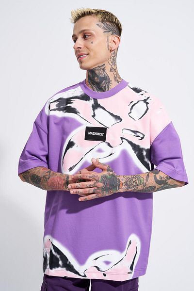 Machinist Tricou violet supradimensionat cu imprimeu flori de lotus pentru bărbați