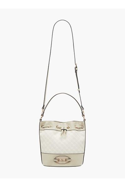 Celeste Monogram Print Bucket Bag with Drawstring Closure