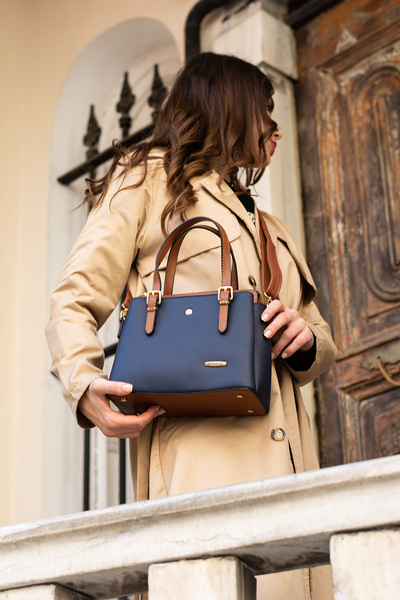 H&D COLLECTİON Women's Long Strap 4 Compartment Gold Accessory Simple Stylish Navy Blue Tan Garnished Shoulder and Hand Bag