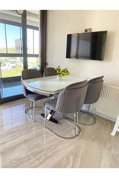 SEVAL AKSESUAR Beyaz Cam İkon Masa + Vizyon Sandalye Takımı