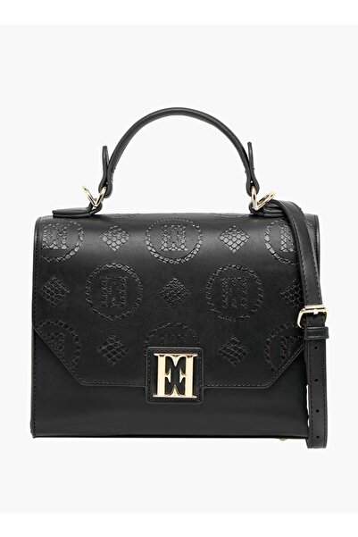 ELLE Monogram Detail Satchel Bag with Detachable Strap and Flap Closure - W 11 x H 18 x D 23 cm