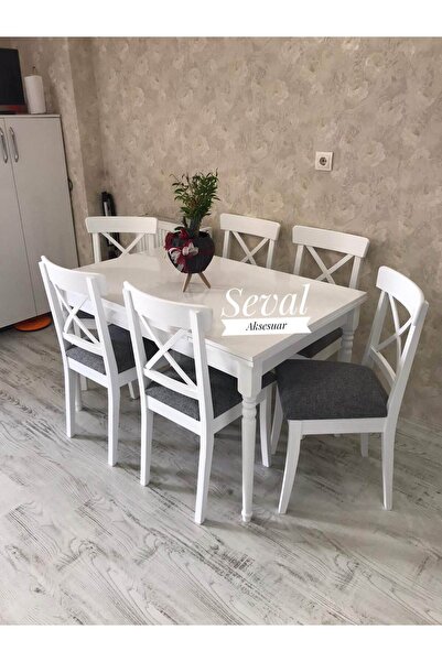 SEVAL AKSESUAR Beyaz Seval Masa + X Sandalye Takımı (6 Sandalyeli)