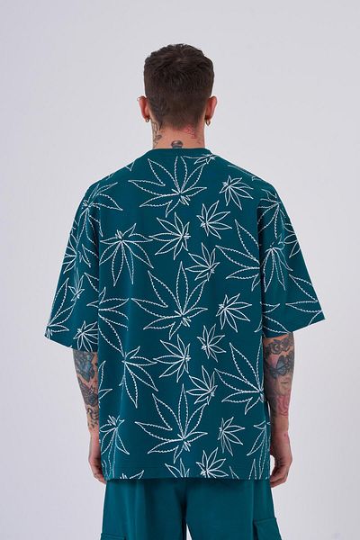 Machinist Men's Cannabis Leaf Printed Oversize Petrol Green T-Shirt