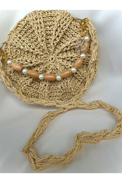 DNA MODA Straw Bag - Wooden Hanger Detailed, Macaron Bag (with Bearer Keychain Gift)
