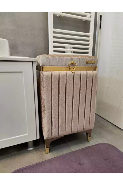 Özyer Çeyiz Kapuçino Renk Altın Şeritli Lüks Kadife Banyo Kirli Çamaşır Sepet...