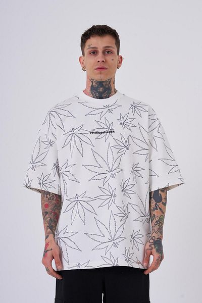 Machinist Men's Cannabis Leaf Printed Oversize Ecru T-Shirt
