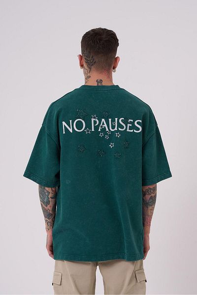 Machinist Men's No Pouses Printed Oversize Petrol Green Cloudy T-Shirt