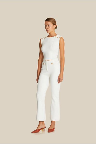 rue. Ecru Knitwear Trousers with Gold Button Detail