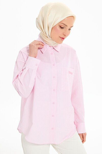 Tuğba Cep Detaylı Çizgili Gömlek - Pembe