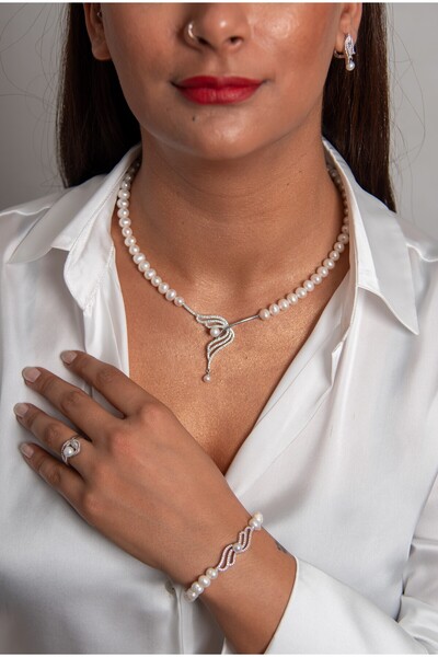 Sinemkacay 925 AYAR GÜMÜŞ RODYUM (BEYAZ ALTIN) KAPLAMA GERÇEK İNCİ SET