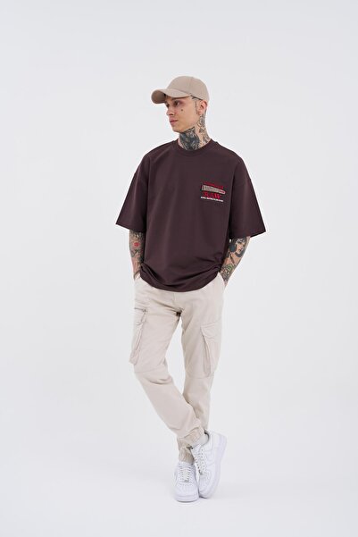 Machinist Ανδρικό Raw Crossbreed Λεπτομερές υπερμεγέθη καφέ μπλουζάκι