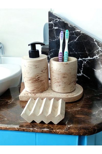 Trust Stone Σετ μπεζ σειράς Marble με δοσομετρητή υγρού σαπουνιού και θήκη οδοντόβουρτσας