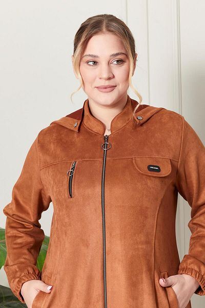 Ferace Plus Size Hijab Suede Hooded Top Coat - Chest Zippered