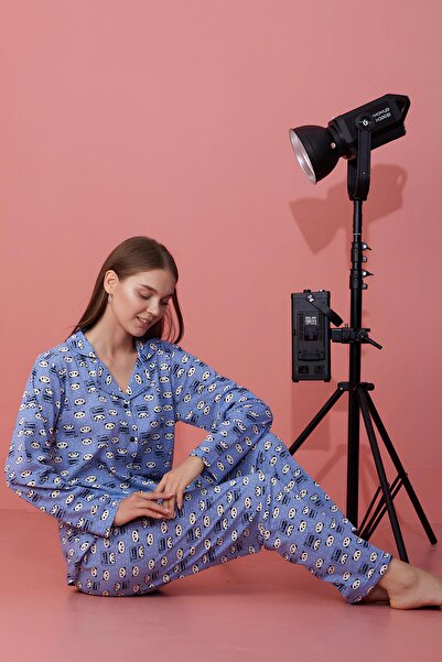 Genel Markalar Panda Desenli Düğmeli Mavi Pijama Takımı