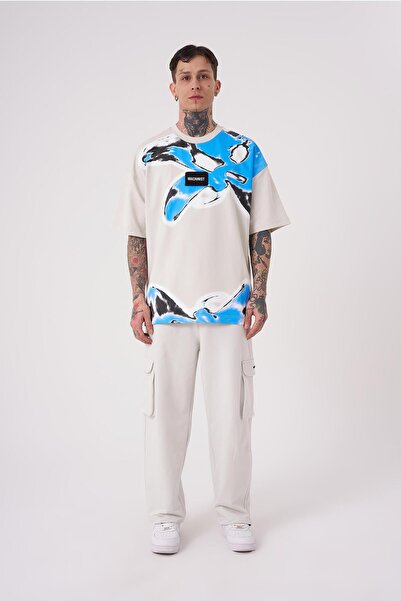 Machinist Men's Lotus Flower Printed Oversize Gray T-Shirt