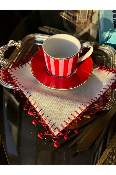 Hatice sakallı design 1Pc Needlework Pompom Coffee Side Presentation Cherry Napkin (Red)