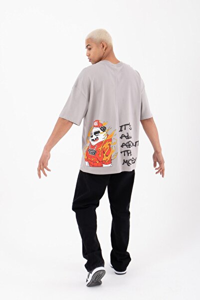 Machinist Ανδρικό μπλουζάκι Panda Rich με τύπωμα Cotton oversized ανοιχτό γκρι