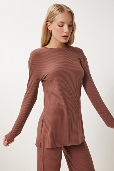 Lovelyİstanbul Rahat Fitilli Örme Bluz Pantolon Takım KAHVERENGİ LOW0025