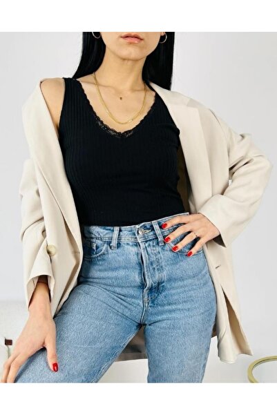 LADY HAZAL Black V-Neck Corded Undershirt Tamkalı Corded Camisole Undershirt