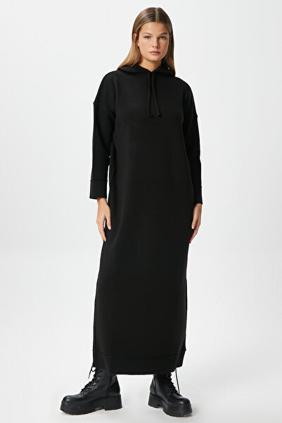 Ritnice Γυναικείο μαύρο μακρύ πλεκτό φόρεμα με κουκούλα Fusion