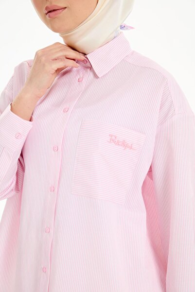 Tuğba Cep Detaylı Çizgili Gömlek - Pembe