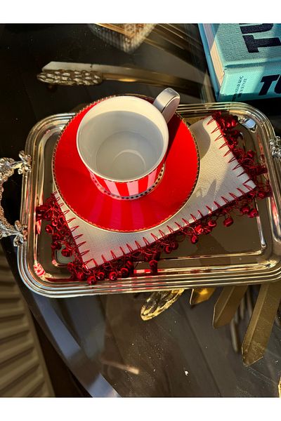 Hatice sakallı design 1Pc Needlework Pompom Coffee Side Presentation Cherry Napkin (Red)