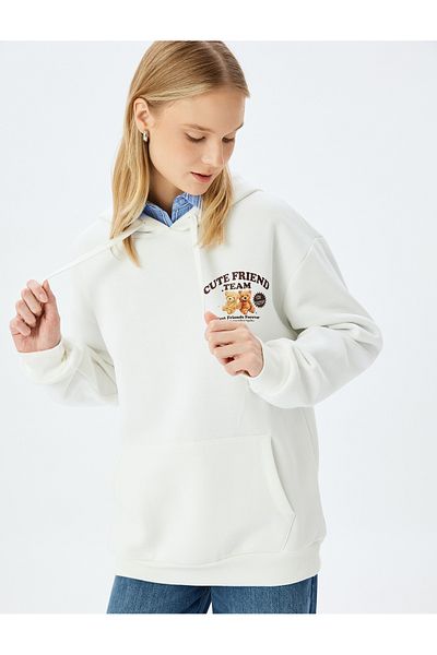 Koton Hooded Pocket Detailed Cat Printed Comfortable Fit Raster Sweatshirt