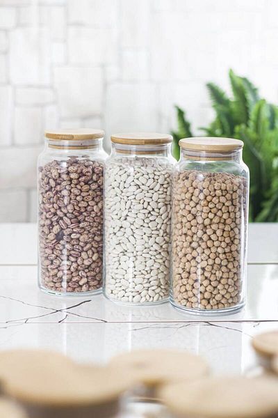 Depa Set of 9 Bamboo Lid Glass Jar & Food Storage Container 3 X (1.3 Lt 0.80 Lt 0.50 Lt (Vacuum Lid)