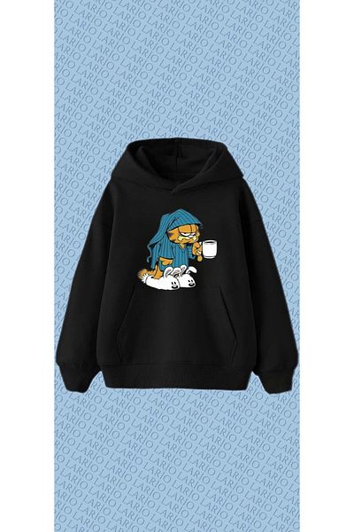 Lario Garfield Printed Oversize Unisex Premium Black Sweatshirt