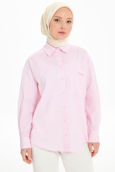 Tuğba Cep Detaylı Çizgili Gömlek - Pembe