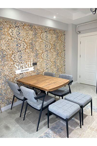 SEVAL AKSESUAR Ceviz Gold Masa + Klas Sandalye + Klas Tabure Takımı