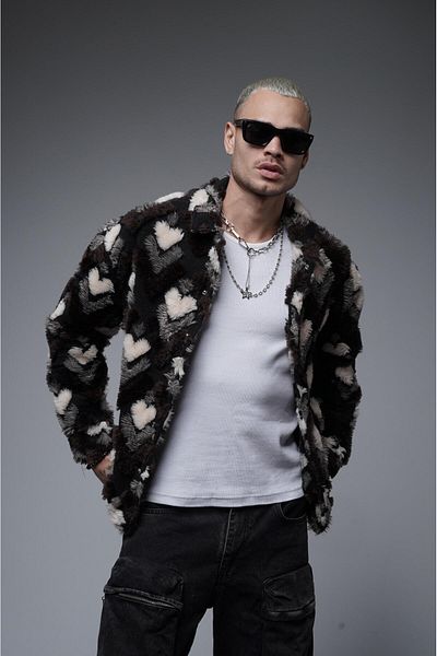 king brich Plush Patterned Unisex Oversize Shirt Collar Snap Closure
