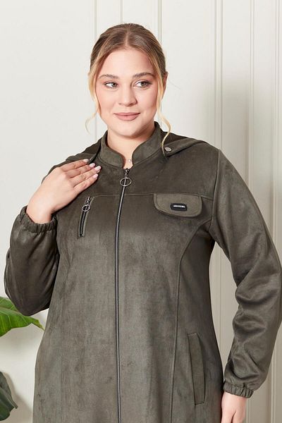 Ferace Plus Size Hijab Suede Hooded Top Coat - Chest Zippered