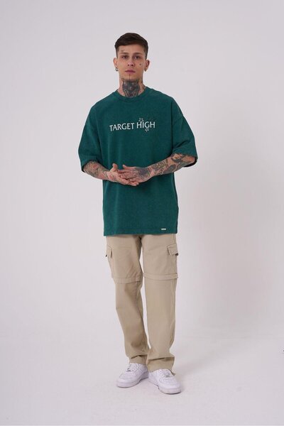 Machinist Men's No Pouses Printed Oversize Petrol Green Cloudy T-Shirt