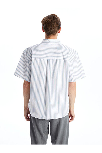 LC Waikiki Μπλε άνετο ανδρικό πουκάμισο με κοντό μανίκι με ρίγες