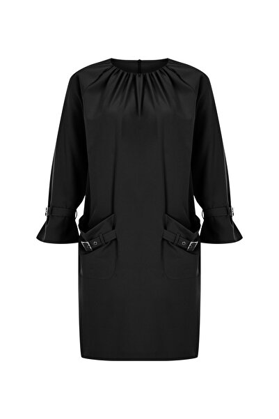 FARREN Kadın Siyah Cepli Elbise – Metal Tokalı, Rahat Kalıp, Günlük Keten Dokusu | Frn Line