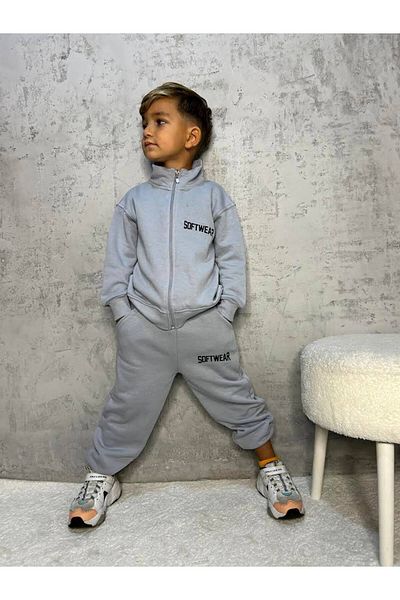 Sipsirin Oversize Gray Kids Set 100% Cotton 3 Thread - Zippered Sweatshirt, Pants