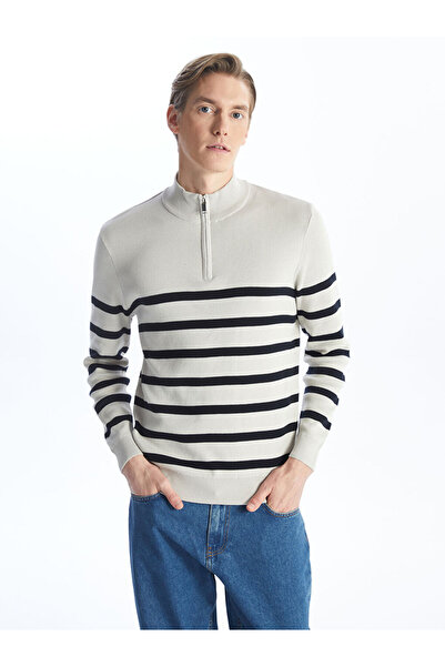LC Waikiki Funnel Neck Long-Sleeve Striped Men's Knit Sweater