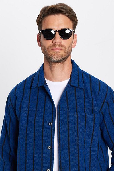 Tudors Men's Relax Fit - Double Pocket Striped Saks Blue Winter Shirt for Lumberjack