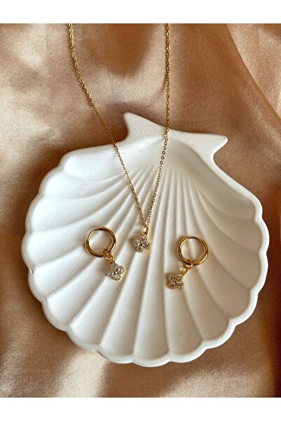 Nour Co Taşlı Yonca Kolye Küpe Set