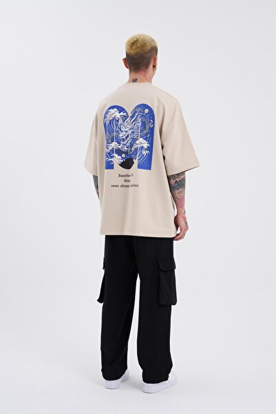 Machinist Men's Oversize Light Beige T-Shirt - Dragon Machinist Printed