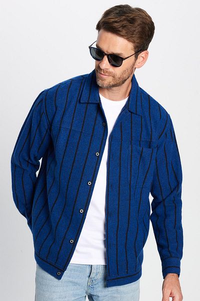 Tudors Men's Relax Fit - Double Pocket Striped Saks Blue Winter Shirt for Lumberjack