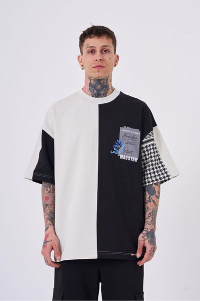 Machinist Ανδρικό κέντημα Levni εμπριμέ Oversize μαύρο γκρι μπλουζάκι