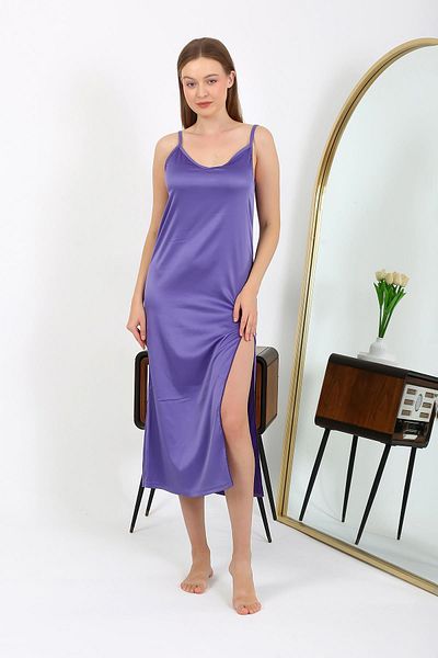 Akbeniz Purple Satin Long Nightgown - Slit 7410