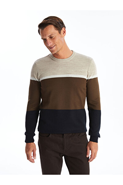 LC Waikiki Navy Blue Crew Neck Long Sleeve Color-Blocking Men's Knitwear Sweater