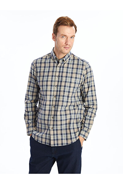 LC Waikiki Beige Regular Fit Long Sleeve Plaid Men's Shirt