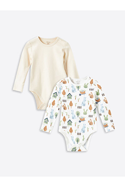 LC Waikiki Ecru Crew Neck Printed Baby Boy Snap Bodysuit 2-Piece