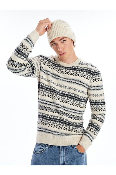 LC Waikiki Casual Beige Melange Crew Neck Long Sleeve Patterned Men's Knitwear Sweater