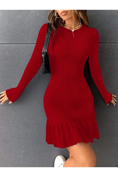 Kokosh moda Γυναικείο μακρυμάνικο πλεκτό με βολάν στο πάνω μέρος της φούστας (πολυνίτης) Πρωτοχρονιάτικο ειδικό μίνι μέγεθος χέρι